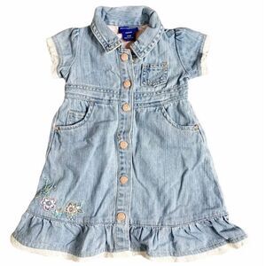 Oshkosh Toddler Girl Size 12 Months Denim Button Dress Lace Embroidery Detail